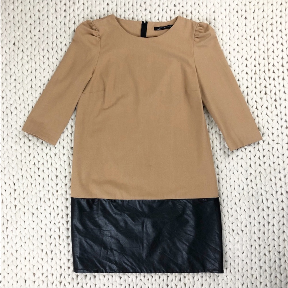 Zara Camel Black Leather Colorblock Shift Dress